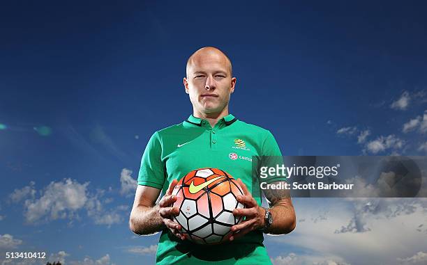 Caltex Socceroos player Aaron Mooy poses during a Socceroos sponsorship announcement at Melbourne City Training Facility on March 3, 2016 in...
