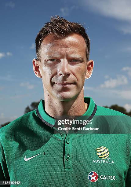 Caltex Socceroos player Alex Wilkinson poses during a Socceroos sponsorship announcement at Melbourne City Training Facility on March 3, 2016 in...