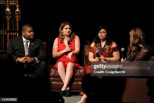 Coby Owens, Val Weisler, and Patricia Manubay are interviewed onstage by Trish Regan during Jefferson Awards Foundation 2016 NYC National Ceremony on...