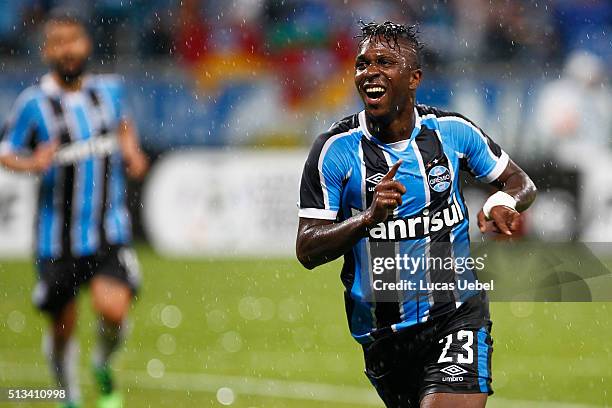 Miler Bolanos of Gremio celebrates their first goal during the match Gremio v Liga de Quito as part of Copa Bridgestone Libertadores 2016, at Arena...