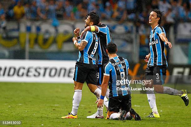 Henrique Almeida of Gremio celebrates their third goal during the match Gremio v Liga de Quito as part of Copa Bridgestone Libertadores 2016, at...