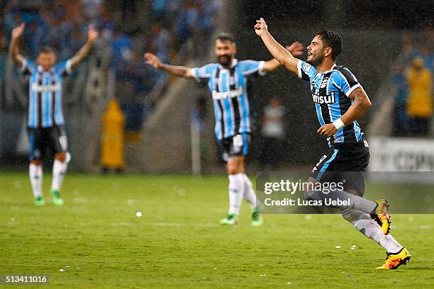 Henrique Almeida of Gremio celebrates their third goal during the match Gremio v Liga de Quito as part of Copa Bridgestone Libertadores 2016, at...