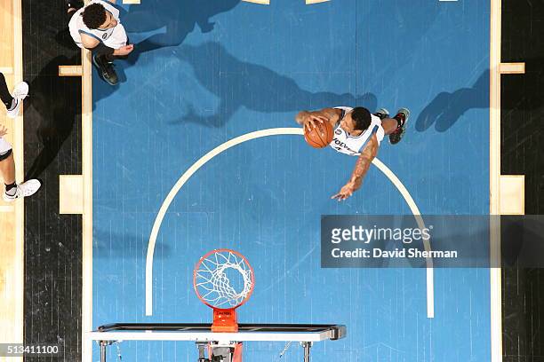 Greg Smith of the Minnesota Timberwolves grabs the rebound against the Washington Wizards on March 2, 2016 at Target Center in Minneapolis,...