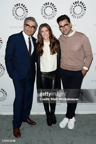 Actors Eugene Levy, Sarah Levy, and Daniel Levy attend the Paley Center for Media presents An Evening with "Schitt's Creek" at The Paley Center for...