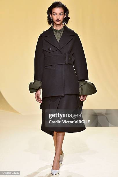 Model walks the runway at the Marni fashion show during Milan Fashion Week Fall/Winter 2016/2017 on February 28, 2016 in Milan, Italy.