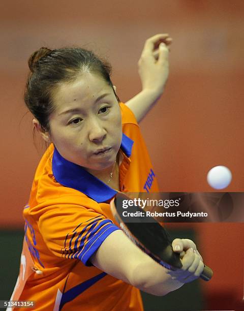 Li Jie of Netherlands competes against Liu Jia of Austria during the 2016 World Table Tennis Championship Women's Team Division round 16 match at...