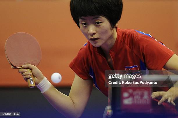 Ri Myong Sun of Korea DPR competes against Monteiro Dodean Daniela of Romania during the 2016 World Table Tennis Championship Women's Team Division...