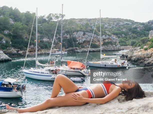 Maria Jose Besora, Miss Spain 1998, during a photo shoot on the island of Menorca, 30th July 1998, Menorca, Balearic Islands, Spain. .