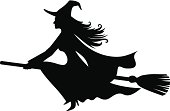 Witch on a broomstick. Vector black silhouette.