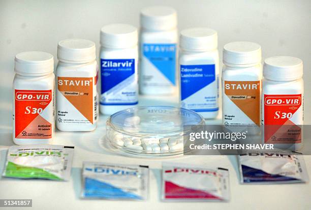 An assortment of antiviral HIV/AIDs medication at the Government Pharmaceutical Organization 's inhouse pharmacy 04 July 2002 in Bangkok. At less...