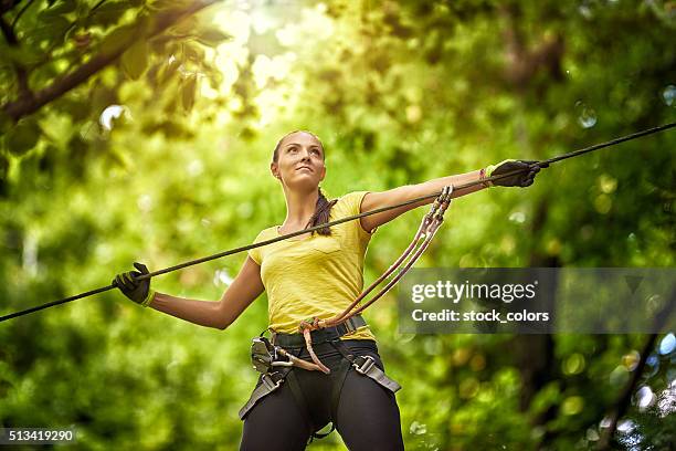 sie energic sommer tag - hochseilgarten stock-fotos und bilder