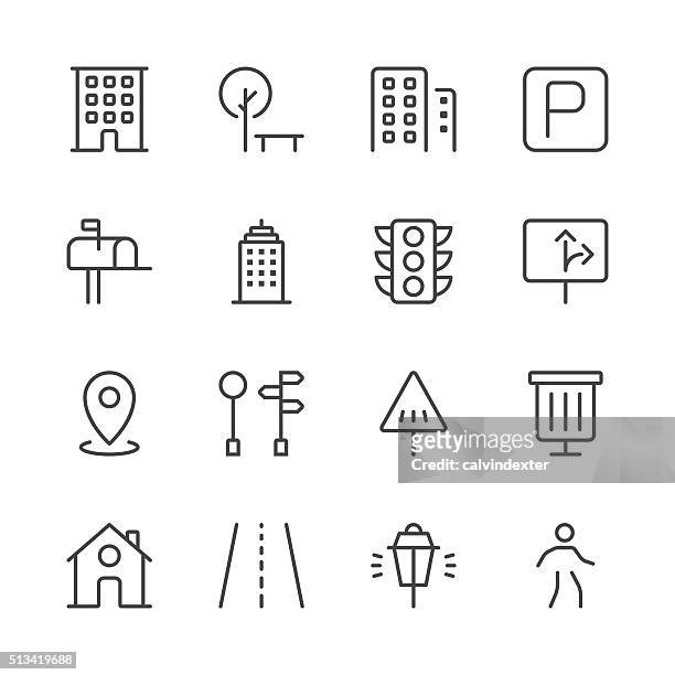 city-icons satz 1/schwarz linie serie - wolkenkratzer stock-grafiken, -clipart, -cartoons und -symbole