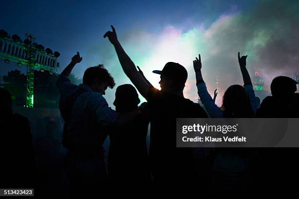 friends with raised hands at outside concert - concert night stock pictures, royalty-free photos & images