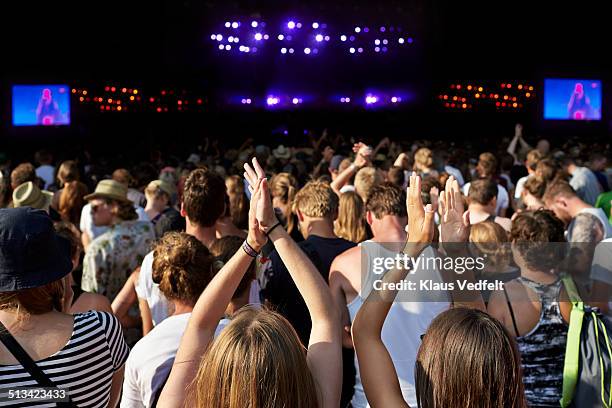 women clapping hands at large concert - publikum von hinten stock-fotos und bilder