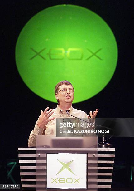 Microsoft Corp.'s co-founder Bill Gates delivers his keynote speech at the opening of the Tokyo Game Show Spring 2001 in Makuhari, Chiba Prefecture...