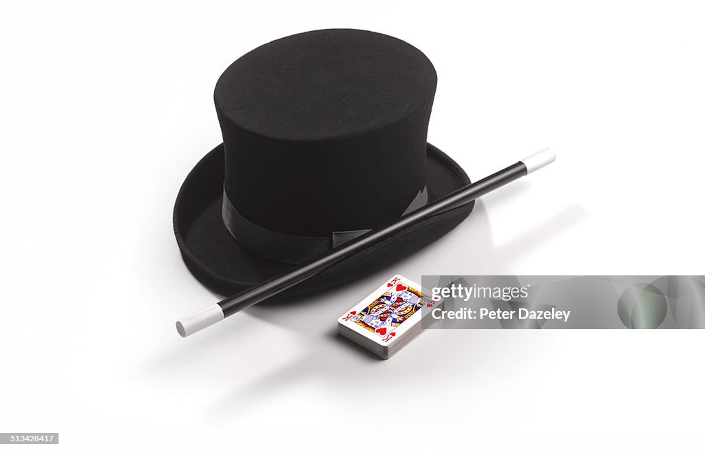 Magician's hat, wand and cards