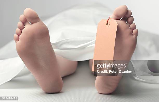 teenage feet in morgue with copy space - killing stock-fotos und bilder