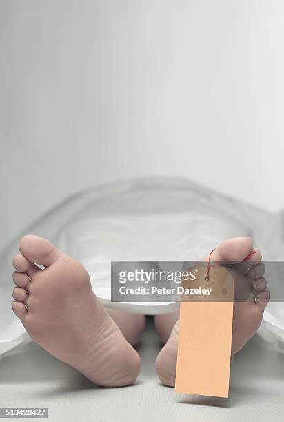 teenage feet in morgue with label - depósito de cadáveres fotografías e imágenes de stock