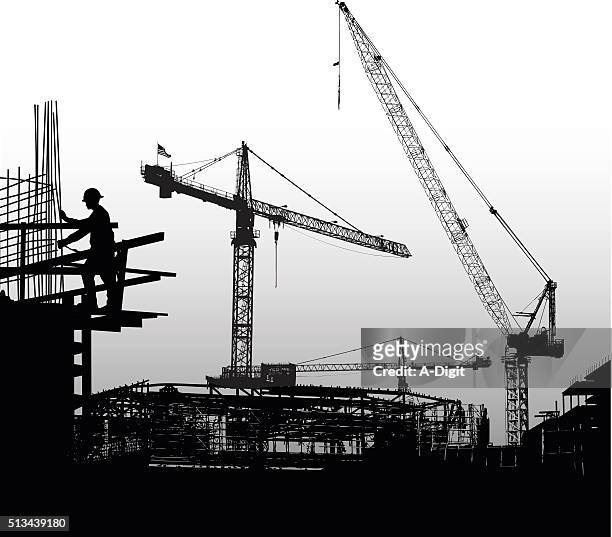 building the foundations - construction site and silhouette stock illustrations