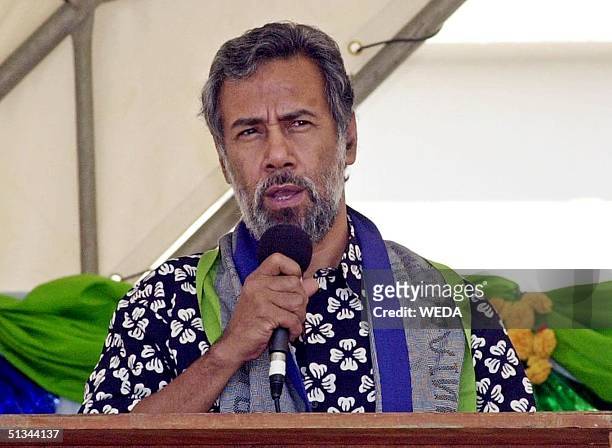 President of the National Council of Timorese Resistance Xanana Gusmao speaks to his people in front of United Nations Transitional Administration in...