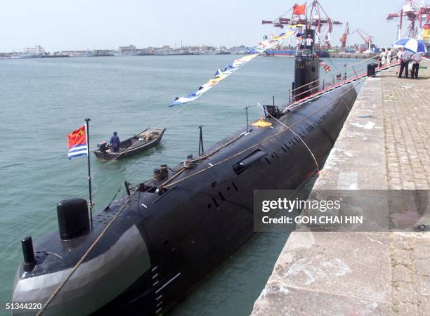 Russian Kilo-class conventional submarine belonging to the Chinese People's Liberation Army navy is berthed at the naval headquarters of the China...