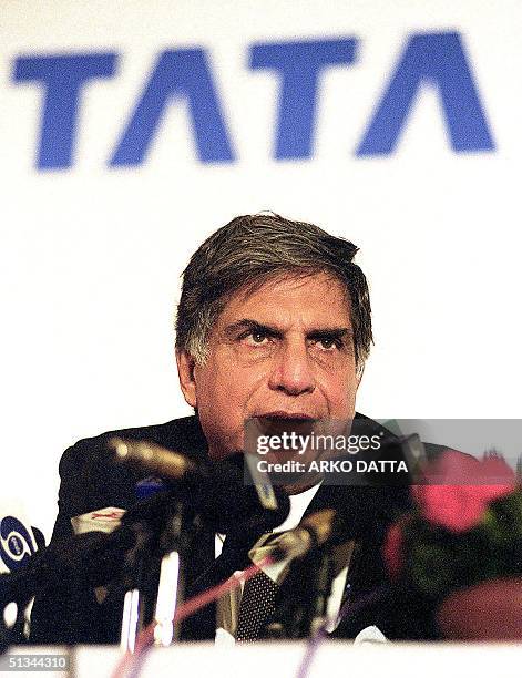 Ratan Tata , chief of Tata group of companies, speaks during a press conference at the ongoing Auto Expo in New Delhi 12 January 2000. Tata put on...