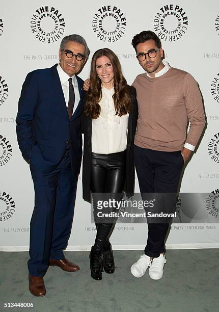 Actors Eugene Levy, Sarah Levy and Daniel Levy attend Paley Center For Media Presents PaleyLive LA: An evening with "Schitt's Creek" at The Paley...