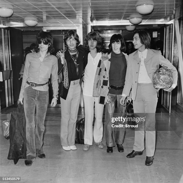 The Rolling Stones at London Airport , 17th October 1969. L-R; Keith Richards, Mick Jagger, Mick Taylor, Bill Wyman, and Charlie Watts.