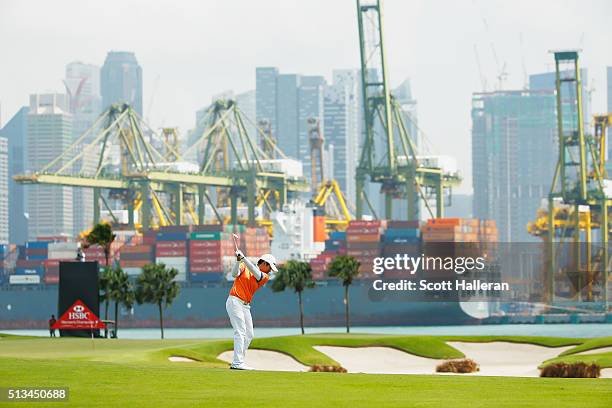 Haru Nomura of Japan hits her second shot on the fifth hole during the first round of the HSBC Women's Champions at Sentosa Golf Club on March 3,...