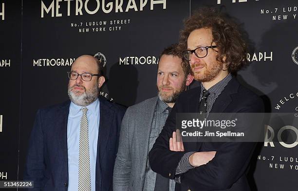 Jake Perlin, Ethan Oberman and Alexander Olch attend the Metrograph opening night at Metrograph on March 2, 2016 in New York City.