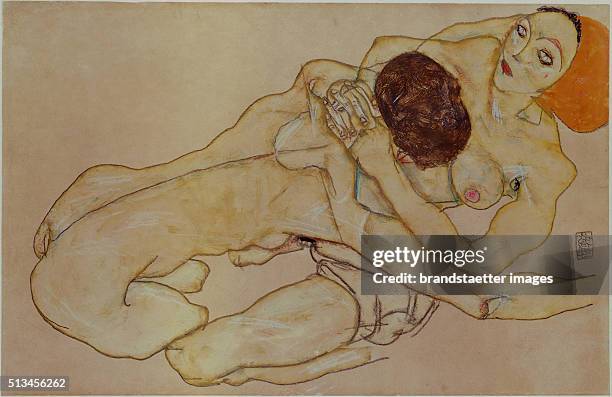 Two girls - Loving couple. Gouache and pencil. 1914. 31 x 48 cm. Drawing by Egon Schiele. Private Collection. By Egon Schiele.