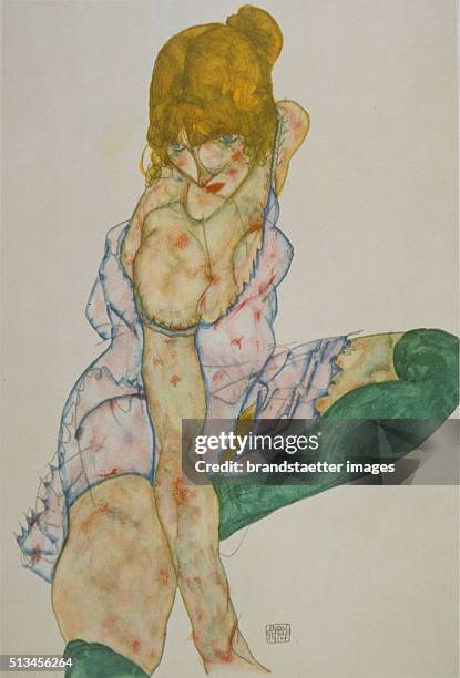 Blonde girl with green stockings. 1914. 48.1 x 32.3 cm. Watercolor / pencil. . Watercolor by Egon Schiele. Private collection. By Egon Schiele.