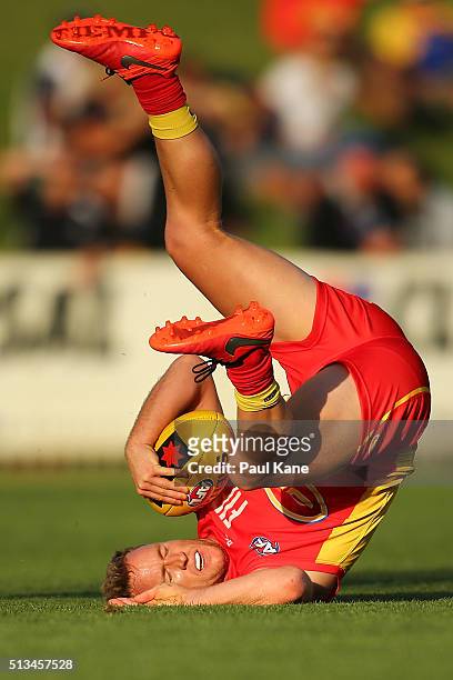 Brandon Matera of the Suns marks the ball during the 2016 AFL NAB Challenge match between the West Coast Eagles and the Gold Coast Suns at HBF Arena...
