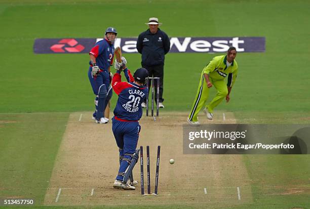 Rikki Clarke of England is bowled by Shoaib Akhtar of Pakistan for 39 during the NatWest Series One Day International between England and Pakistan,...