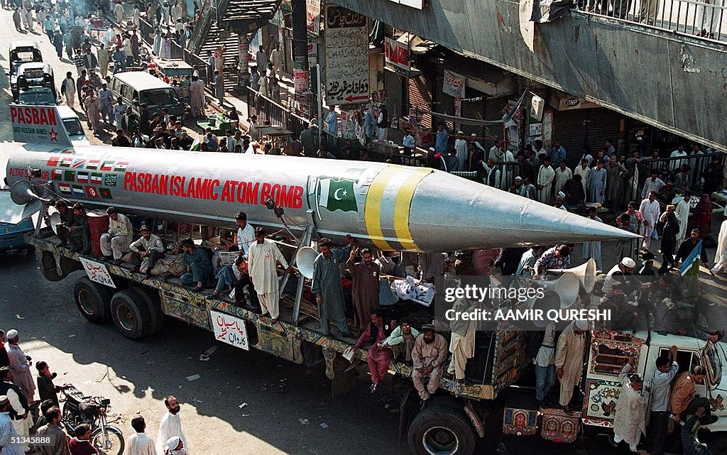 A mock missile, dubbed the Pakistan Islamic Atomic