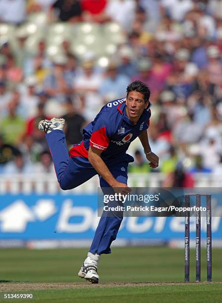 Sajid Mahmood of England bowling during the NatWest Series One Day International between England and Pakistan at Edgbaston, Birmingham, 10th...