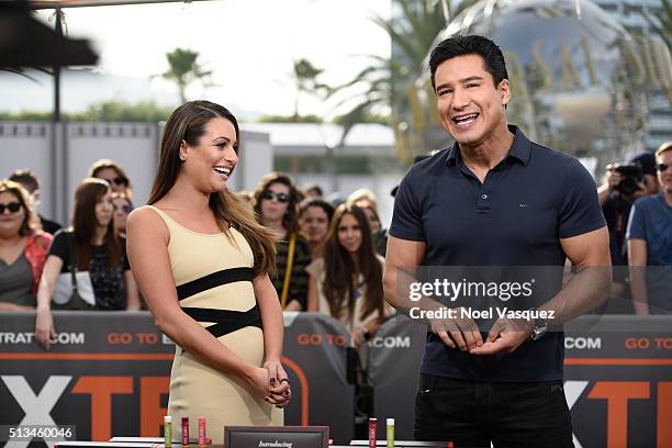 Lea Michele and Mario Lopez visit "Extra" at Universal Studios Hollywood on March 2, 2016 in Universal City, California.