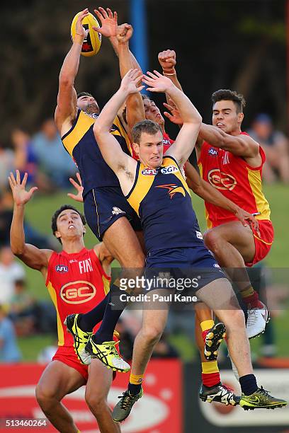 Players set for a pack mark during the 2016 AFL NAB Challenge match between the West Coast Eagles and the Gold Coast Suns at HBF Arena on March 3,...
