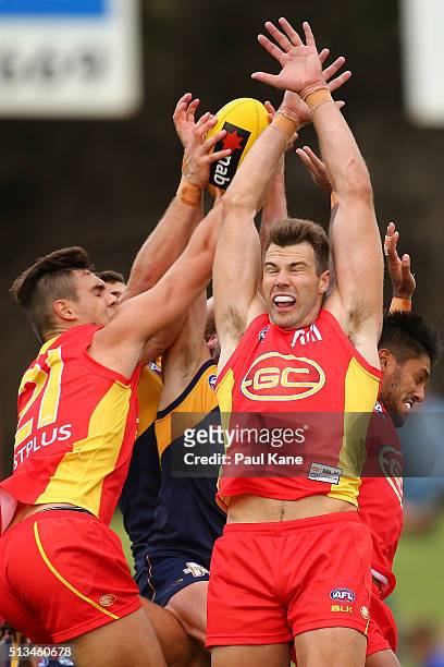 Players set for a pack mark during the 2016 AFL NAB Challenge match between the West Coast Eagles and the Gold Coast Suns at HBF Arena on March 3,...
