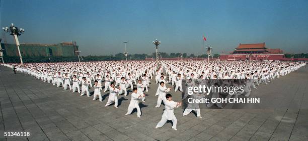 Panoramic view of the ten thousand martial artists moving in perfect unison in Beijing's Tiananmen Square 15 October, displaying the art of Tai Chi...