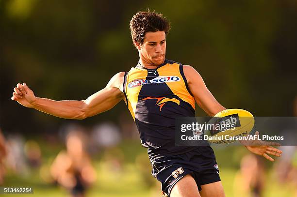 Liam Duggan of the Eagles kicks during the 2016 NAB Challenge match between the West Coast Eagles and the Gold Coast Suns at HBF Arena, Joondalup on...