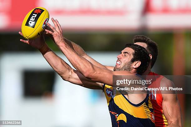 Jack Darling of the Eagles leads for a mark contest during the 2016 NAB Challenge match between the West Coast Eagles and the Gold Coast Suns at HBF...