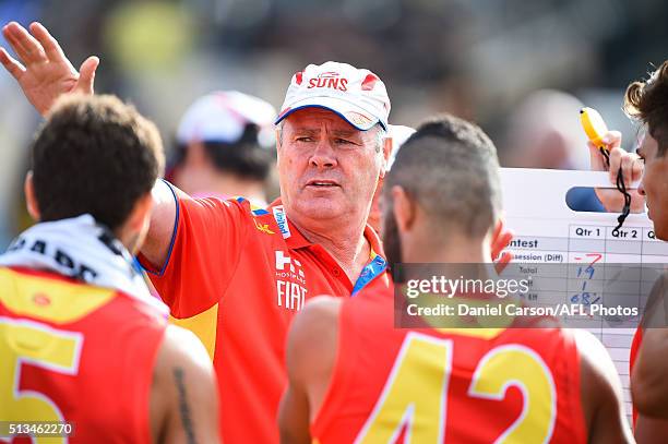 Rodney Eade, coach of the Suns addresses the team at quarter time during the 2016 NAB Challenge match between the West Coast Eagles and the Gold...