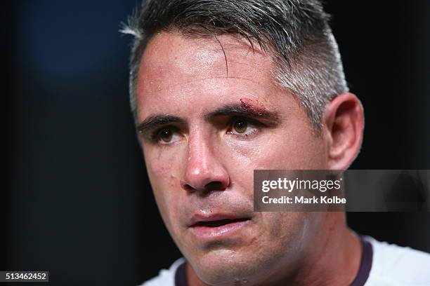 Corey Parker of the Broncos watches on during the round one NRL match between the Parramatta Eels and the Brisbane Broncos at Pirtek Stadium on March...