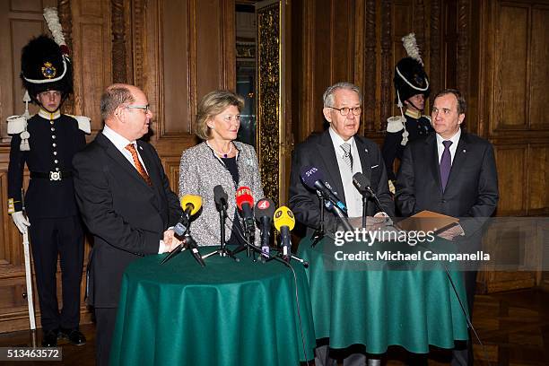 Speaker Urban Ahlin, Kirstine von Blixen-Finecke, permanent secretary Svante Lindqvist, and prime minister Stefan Lofven give a press conference...