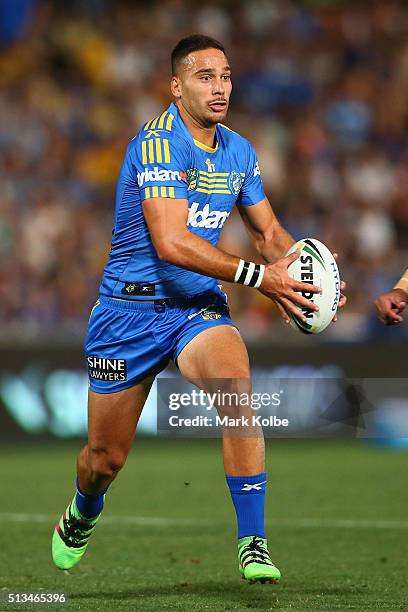 Corey Norman of the Eels runs the ball during the round one NRL match between the Parramatta Eels and the Brisbane Broncos at Pirtek Stadium on March...