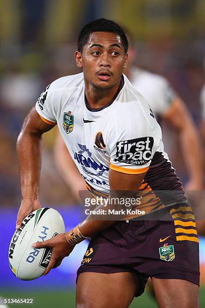 Anthony Milford of the Broncos looks to pass during the round one NRL match between the Parramatta Eels and the Brisbane Broncos at Pirtek Stadium on...