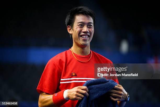 Kei Nishikori of Japan looks on during a practice session ahead of the start of the Davis Cup tie between Great Britain and Japan at Barclaycard...