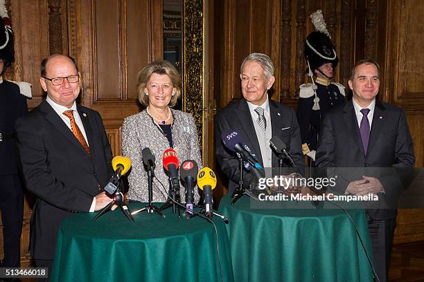 Speaker Urban Ahlin, Kirstine von Blixen-Finecke, permanent secretary Svante Lindqvist, and prime minister Stefan Lofven give a press conference...