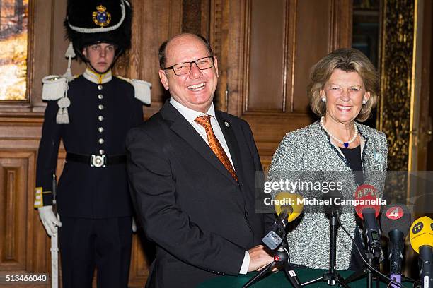Speaker Urban Ahlin and Kirstine von Blixen-Finecke give a press conference announcing the birth of Prince Oscar Carl Olof at the Royal Palace on...